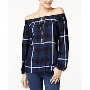 7 SISTERS JUNIORS PLAID OFF-THE-SHOULDER NWT